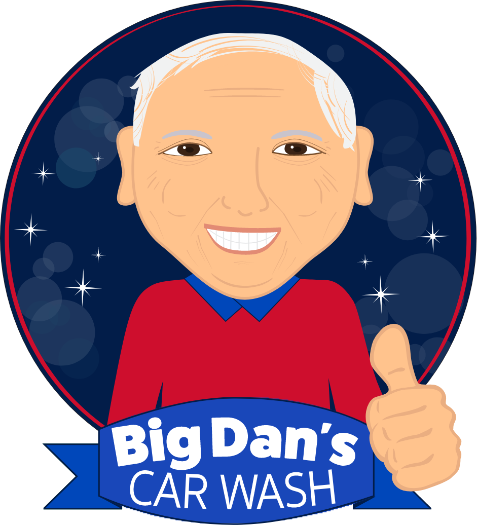 Big Dan's Car Wash logo featuring a cartoon rendering of Big Dan with a thumbs-up gesture
