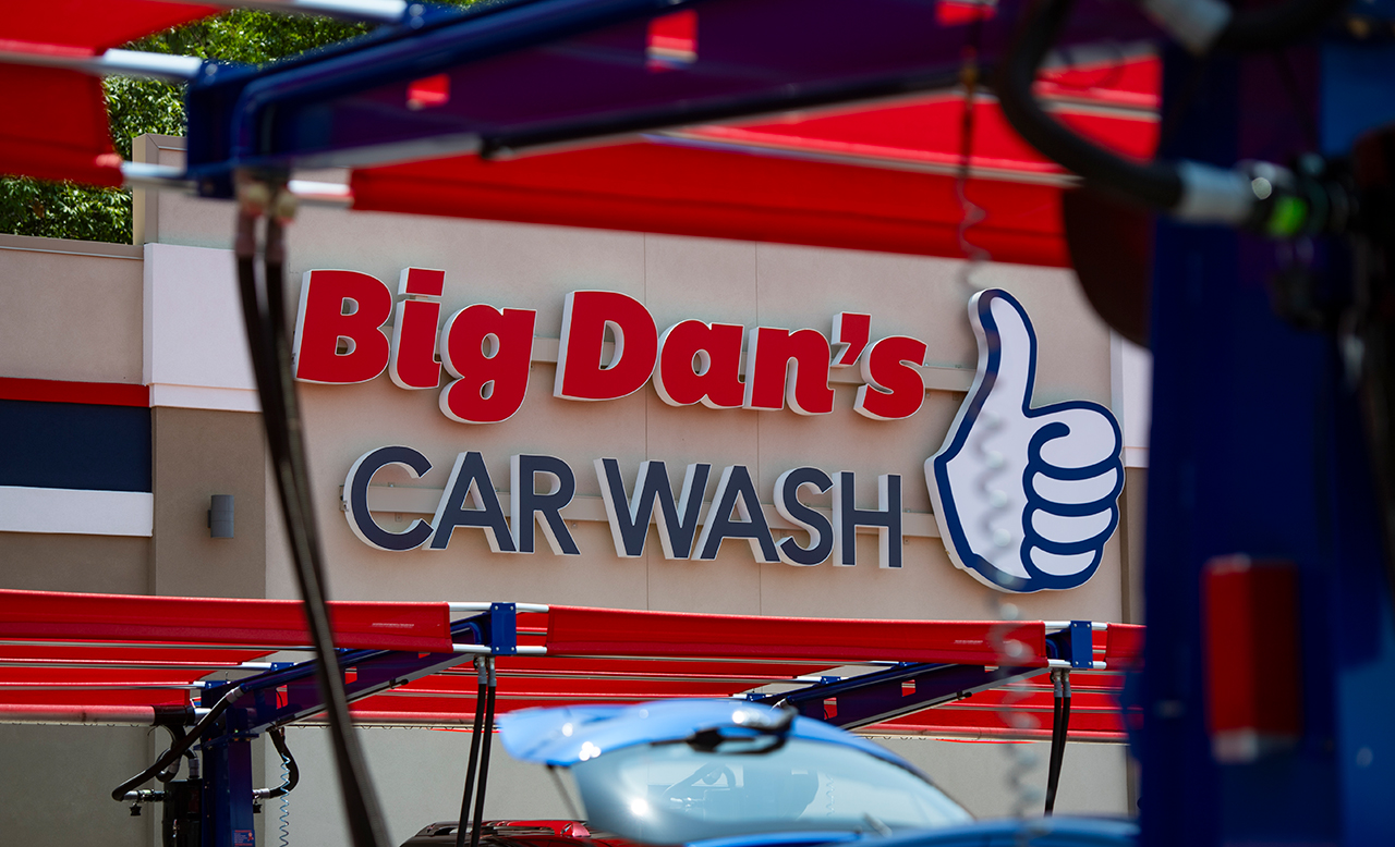 Large Big Dan's Car Wash sign and logo at Hiram, GA